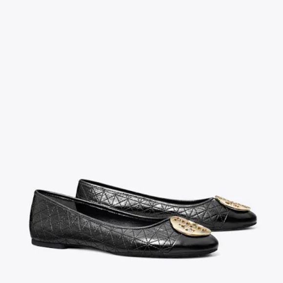Tory Burch Claire Quilted Ballet Flat 
$258 Sz 8.5
Perfect Black / Gold / Silver - Picture 3 of 17